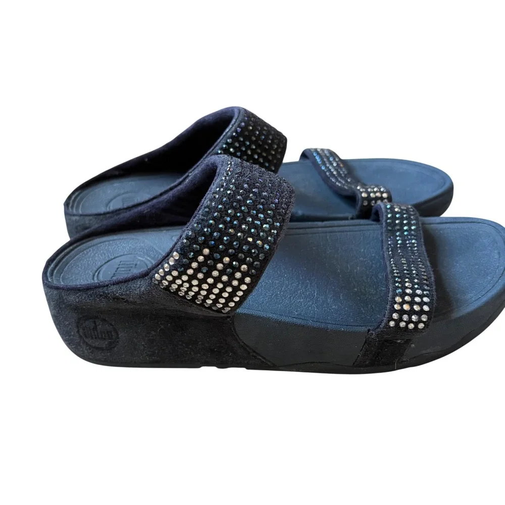 FitFlop Black Wedge Slide Sandals with Rhinestone Straps